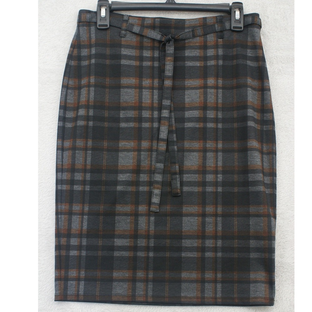 Carole Wren Grey Brown Plaid Pencil Skirt Tie Waist Stretch Size Small